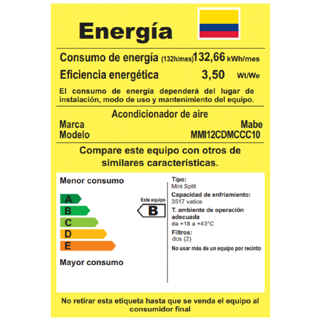 Etiqueta-MMI12CDMCCC10-Aire Acondicionado Mabe Minisplit 12.000 BTU 220V Inverter (Negro)